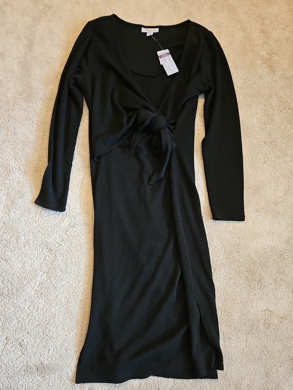 Motherhood Maternity Nursing Black Long-Sleeve Tie-Front Knit Dress